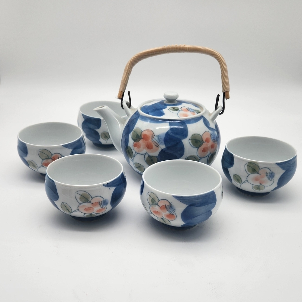 Vintage Arita Ware 7 Pc Japanese Porcelain Tea Set Blue and Orange Floral